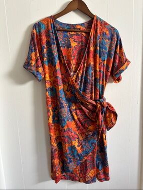 Peruvian Connection Orange and Blue Floral Wrap Dress